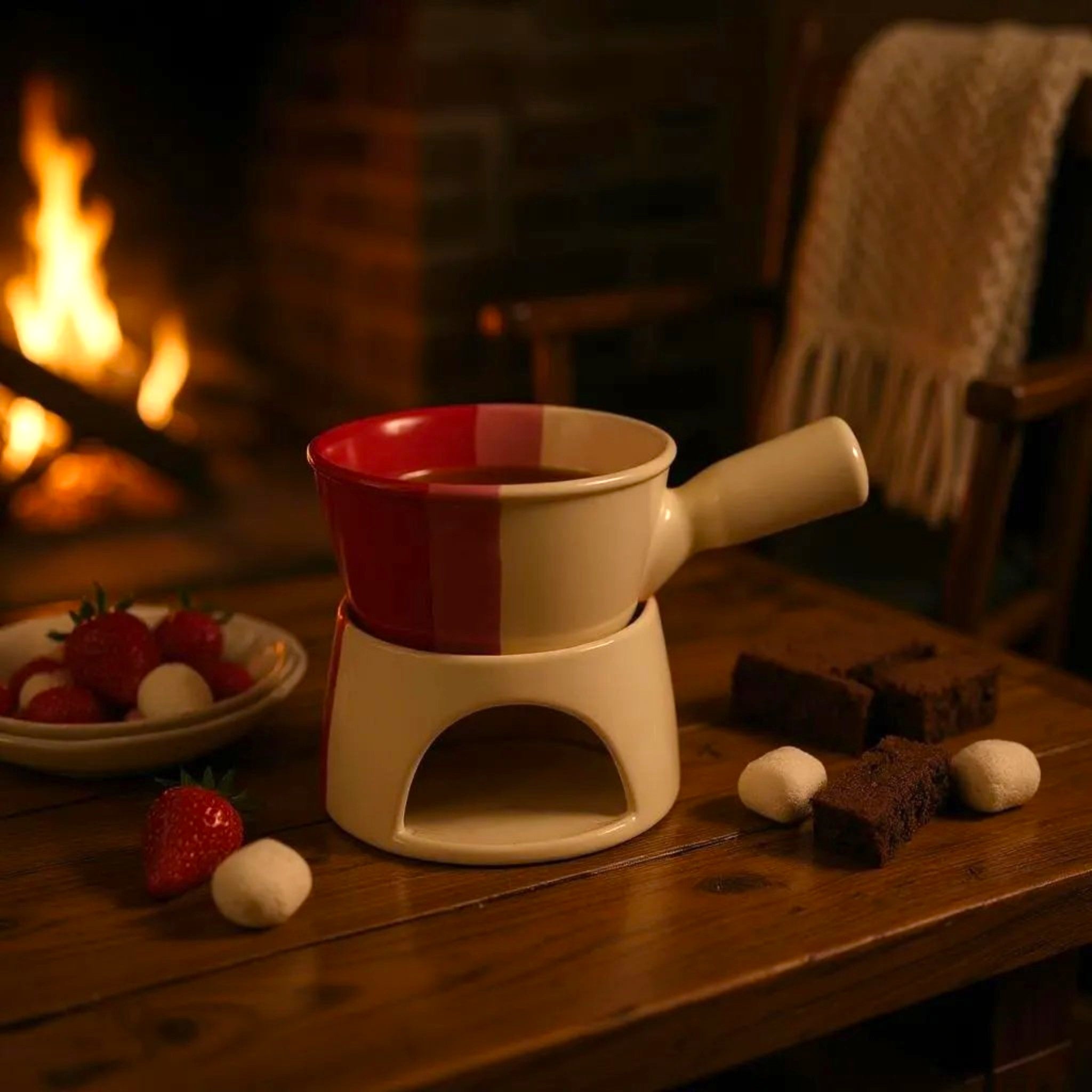 Red and white fondue pot on a wooden table with strawberries and brownies in front of a fireplace.